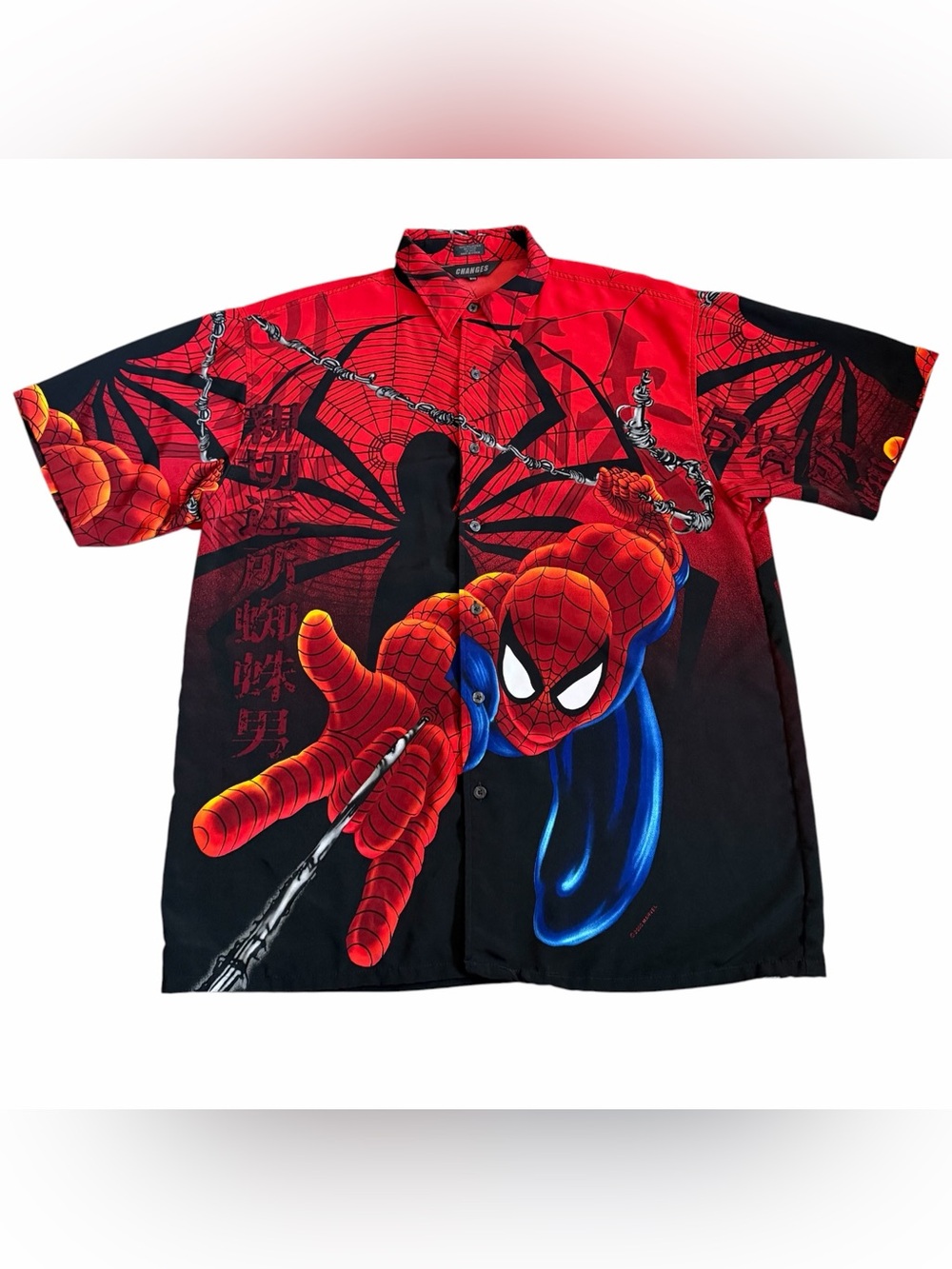VTG Spider-Man Men’s Button Up Shirt Sz XL All Over Print Y2K Changes Marvel